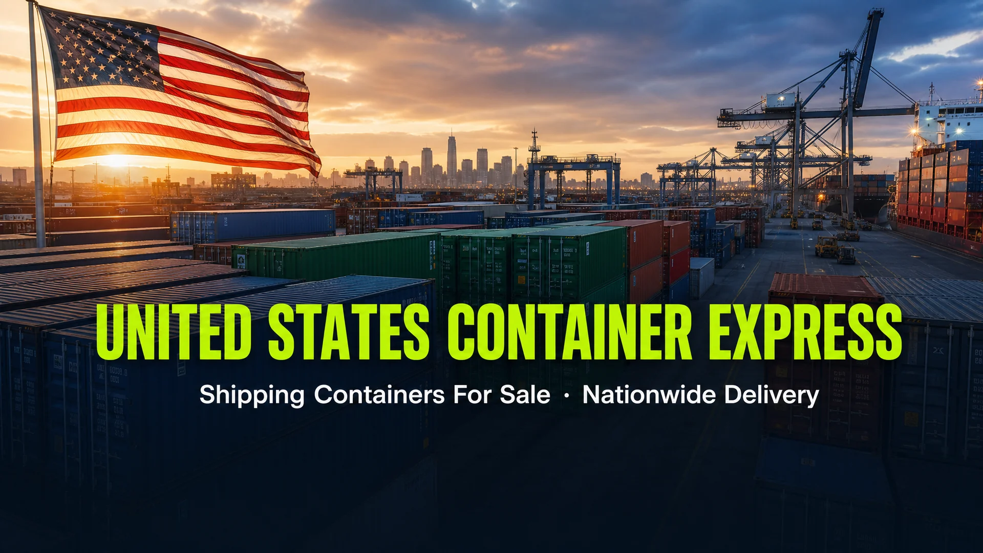 US shipping container port terminal at sunset with American flag